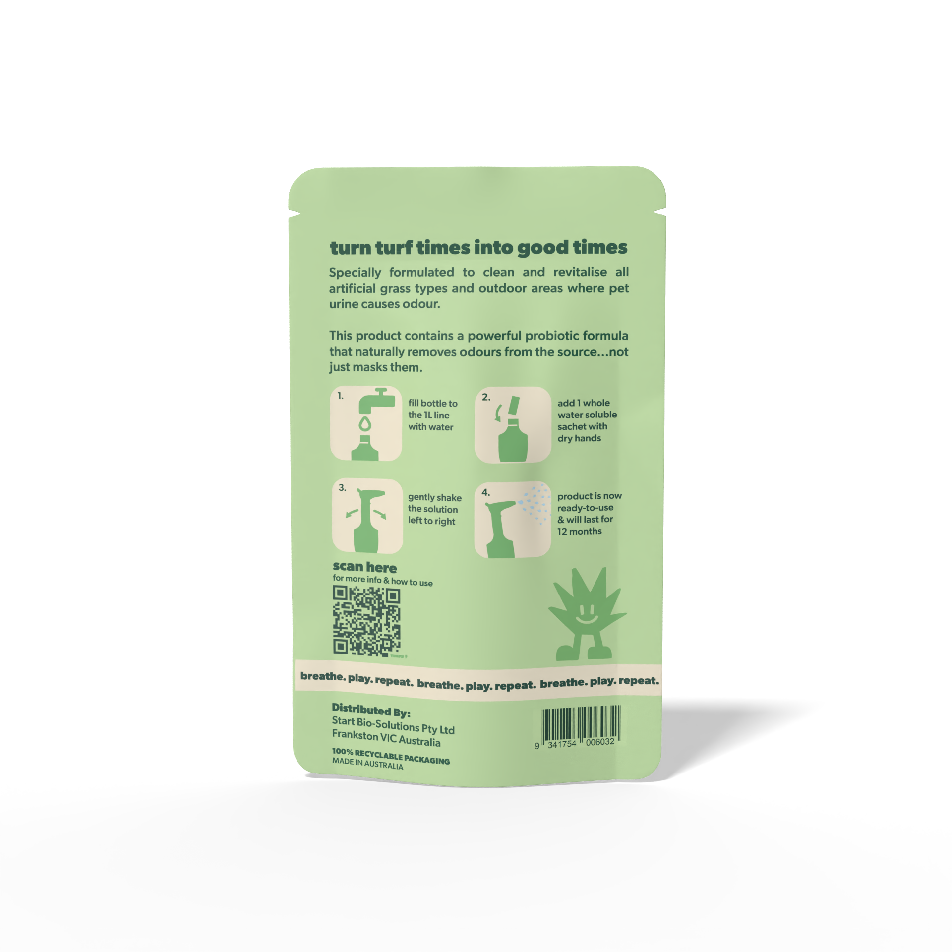 Back of the Turfy 10L refill pack showing easy 3-step instructions for mixing and applying the probiotic turf cleaner.
