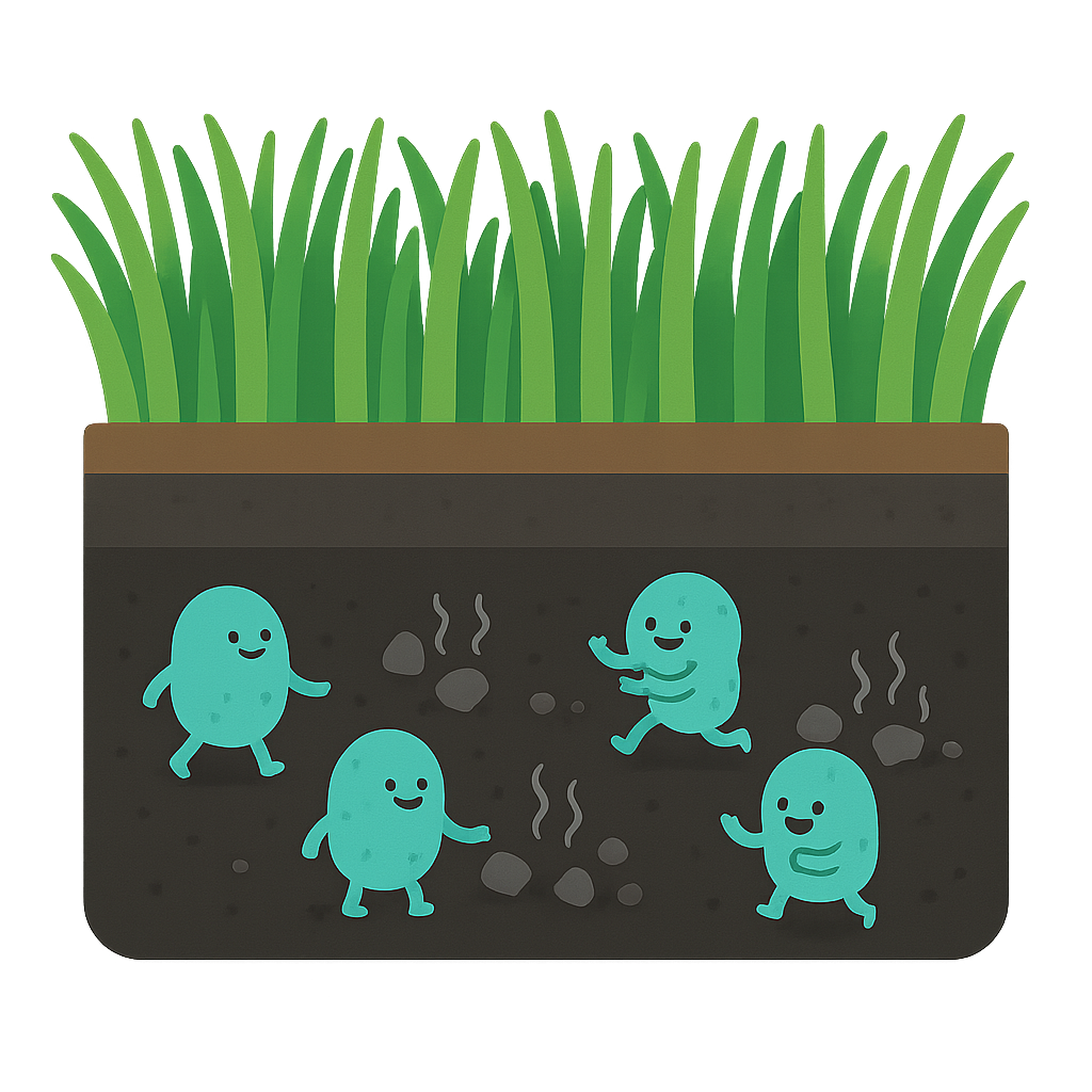Illustration of cartoon characters in a garden with grass and soil.