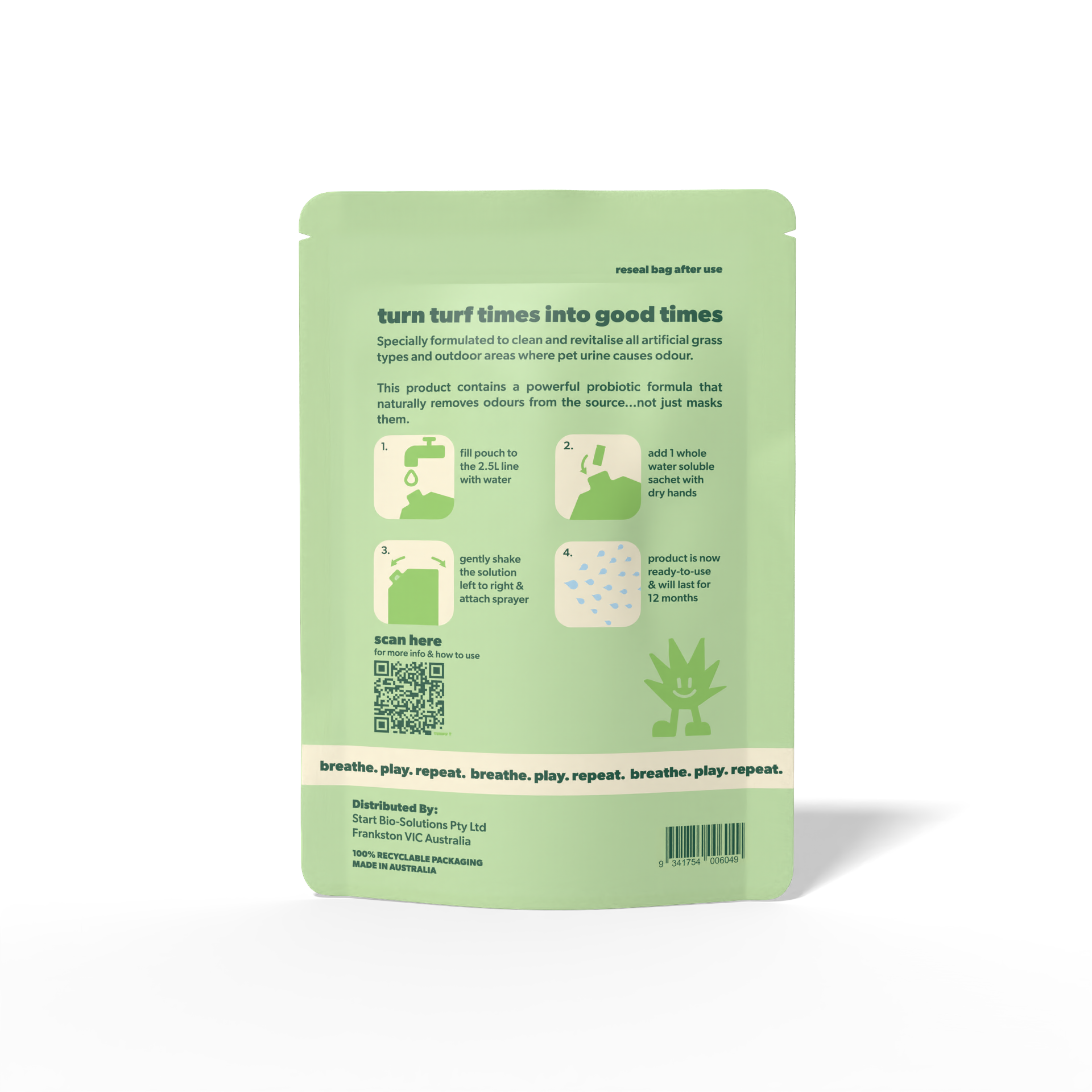 Turfy 25L refill bag back containing 10 high-capacity dissolvable probiotic sachets, making a total of 25 liters of turf cleaner.