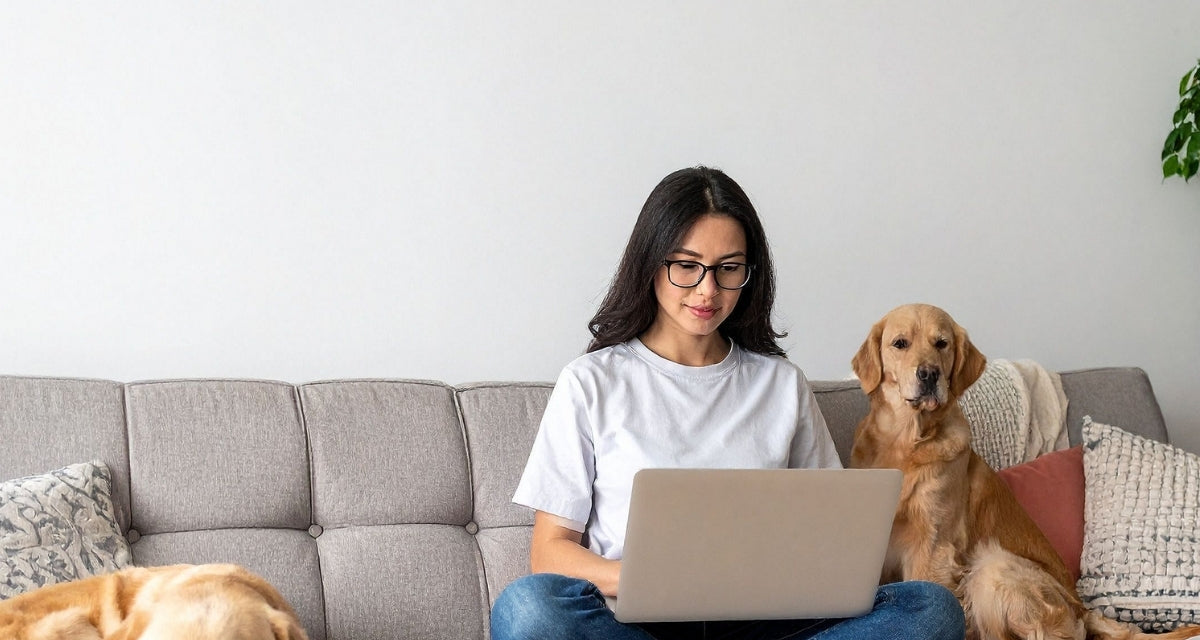 Social media influencer on the couch with her pet applying to become a Turfy partner.