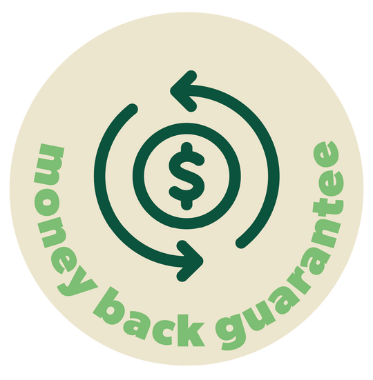 Round sticker with money back guarantee text and dollar sign on a beige background