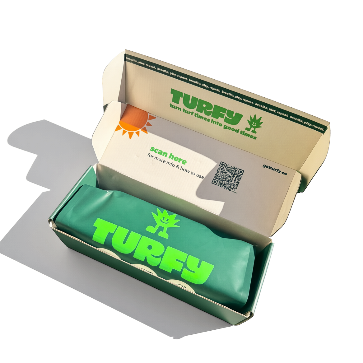 A top-down view of the Turfy biggest Kit inside its custom packaging—the ultimate non-toxic solution for large artificial turf areas.