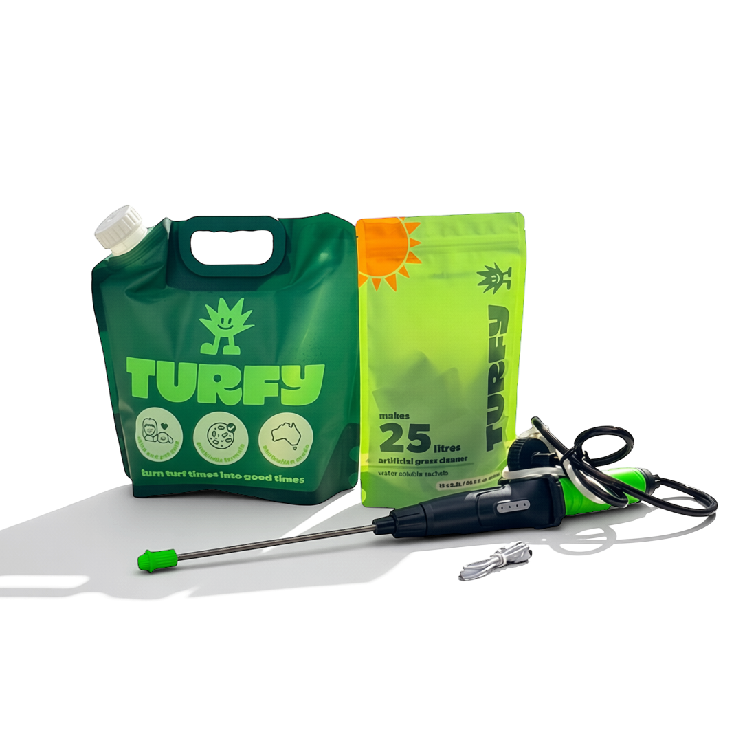 Complete Turfy large artificial turf areas, including a rechargeable 2.5L battery sprayer and 25 liters of probiotic refills.