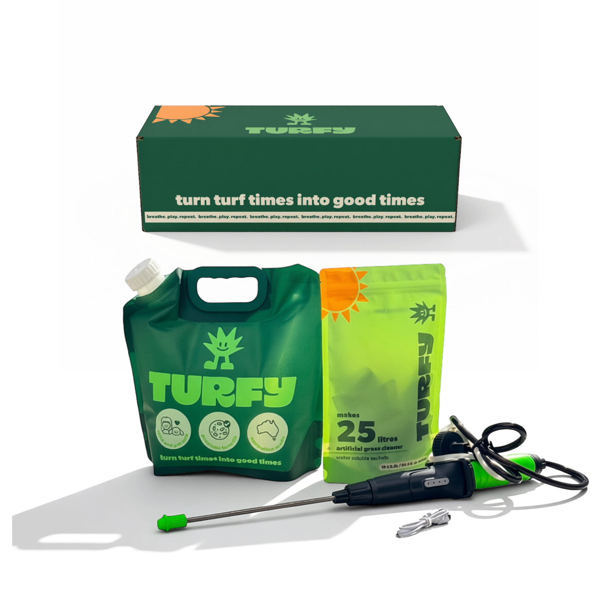 Turfy Large probiotic artificial grass cleaning kit displaying all products together with 2.5 litre pouch, 25 litres turf refill cleaners, battery sprayer and Turfy box. 