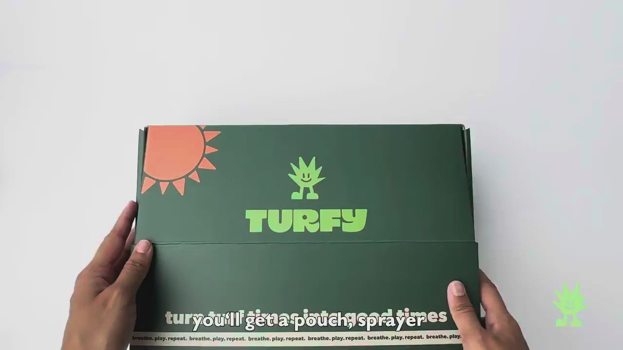 Unboxing the Turfy 25L kit and showing the dissolvable sachets with its probiotic formula, rechargeable sprayer and 2.5L pouch.