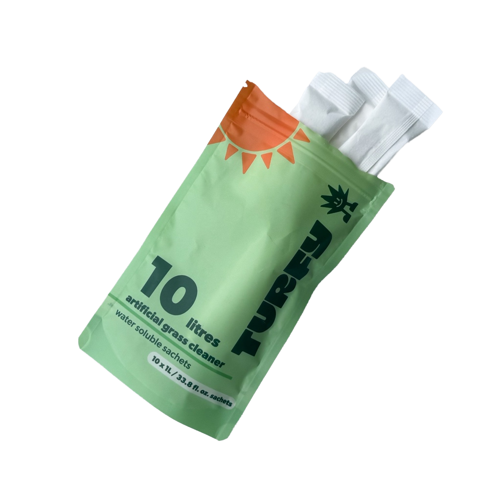 Turfy 10L refill pouch with individual dissolvable probiotic sachets shown, highlighting the easy, mess-free dosing for artificial turf cleaning. Enzyme and bacteria cleaning refills.