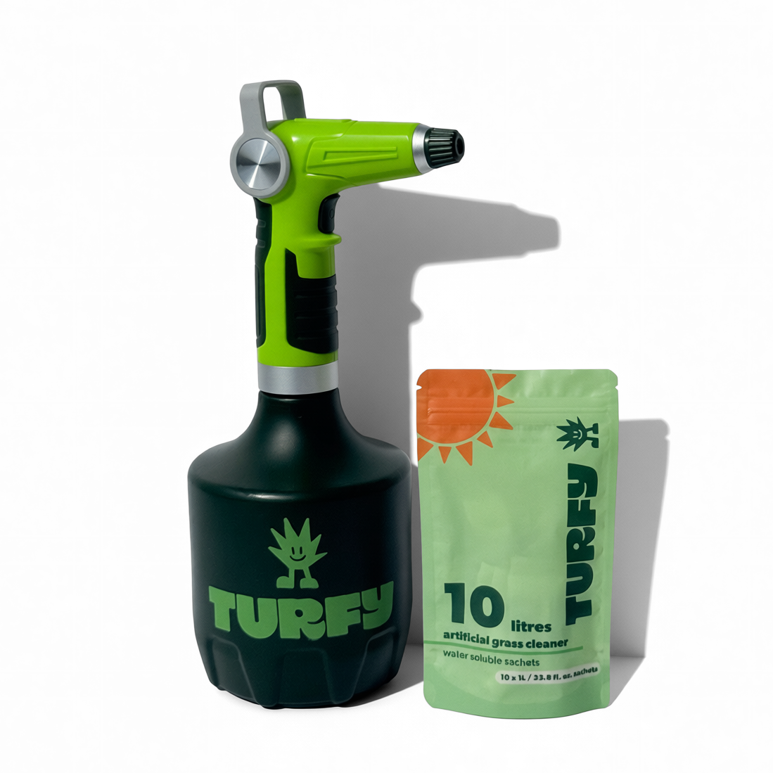 Turfy 1L Electric Sprayer bottle with a 10-pack of dissolvable probiotic sachets, making a total of 10L of artificial turf cleaner against white background. Pet Safe and non-toxic probiotic artificial grass cleaner for small areas.