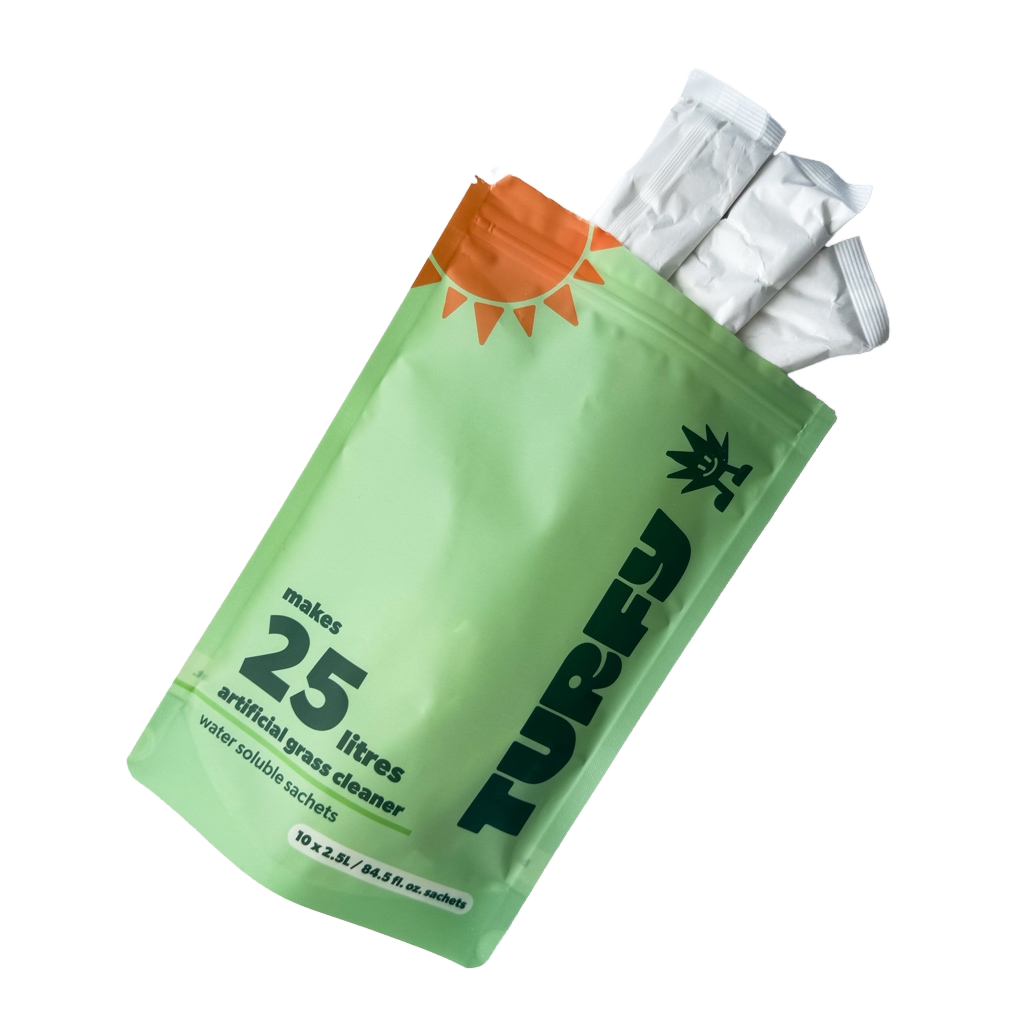 Close-up of the Turfy 25L refill pack showing the large water-soluble pouches, perfect for big backyards and heavy-duty pet odours. Enzymes and bacteria cleaning refills.