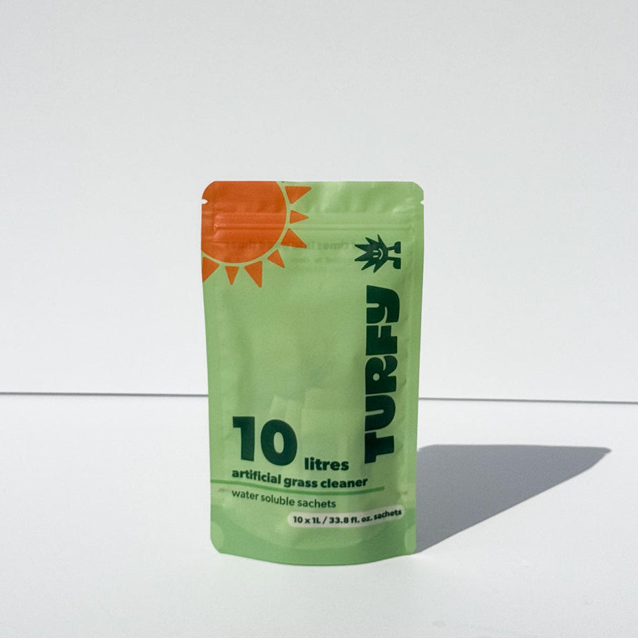Turfy 10L Refill Pouch for artificial grass cleaning, includes 10 dissolvable probiotic sachets for 1L electric spray bottles. 